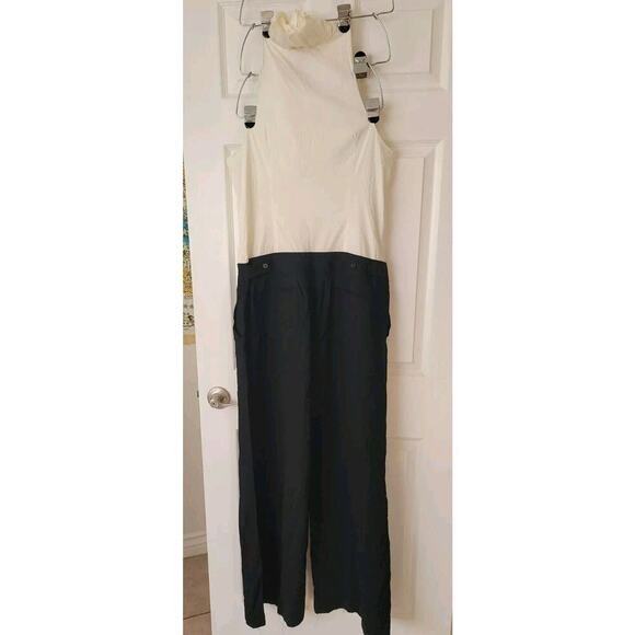BCBG Maxazria Wide Leg Trouser Jumpsuit SZ 12 Ruffled Sleeveless White/Black - Picture 7 of 11